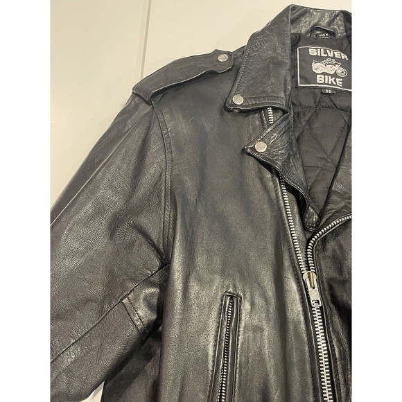 Silver Bike Leather Motorcycle Jacket Vintage 80's Coat Full Back Patch Size 50 - Picture 2 of 16